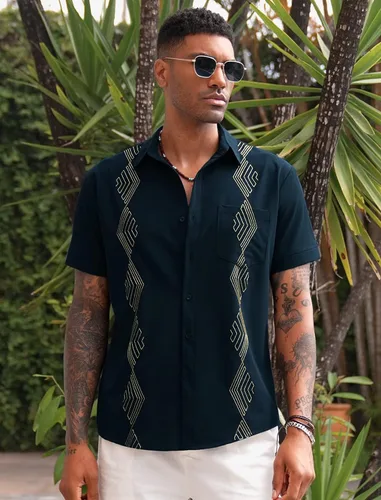 Vista 2 de COOFANDY Men's Cuban Guayabera Shirts Short Sleeve Linen Tops Beach Button Down Shirt with Pockets