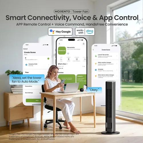 Vista 2 de MORENTO Ventilador de torre inteligente con control remoto, WiFi/aplicación Negro