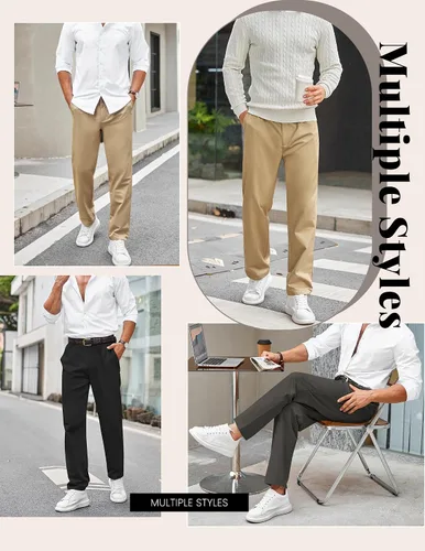 Vista 5 de COOFANDY Pantalones chinos de algodón de ajuste relajado para hombre, cintura elástica, parte delantera plana, color caqui
