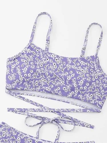Vista 3 de MakeMeChic Traje de baño de 2 piezas para mujer, conjunto de bikini de corte alto fruncido floral