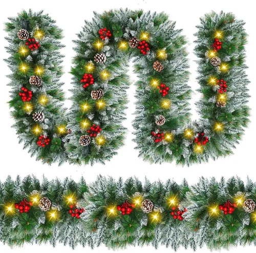 Vista 8 de Guirnalda de Navidad preiluminada de 9 pies con luces decorativas: guirnalda de vegetación artificial que funciona con pilas para chimenea