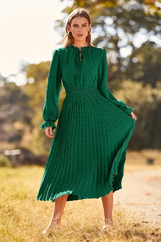 Vista 3 de PRETTYGARDEN - Vestido de otoño por debajo de la rodilla para mujer - Vestido acampanado, fluido y casual de manga larga con cuello en V y plumetí