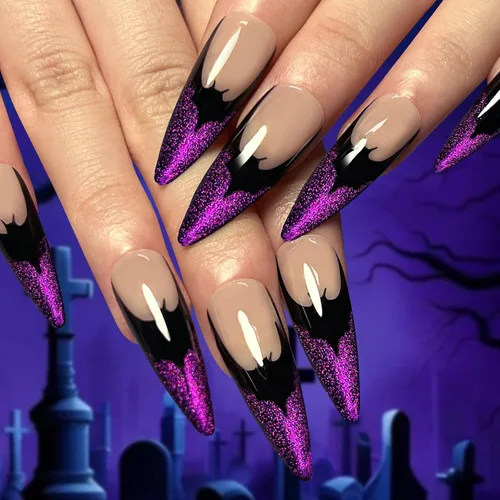 Vista 34 de Paquete de 6 144 uñas acrílicas de Halloween a presión, uñas postizas reutilizables de cobertura completa, uñas postizas adhesivas con pegamento