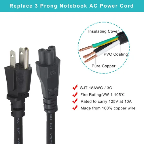 Vista 3 de Cable de alimentación de CA de repuesto de 2 pies para laptop, cable de alimentación universal de 3 clavijas, 18 AWG, resistente, NEMA 5-15P a C5