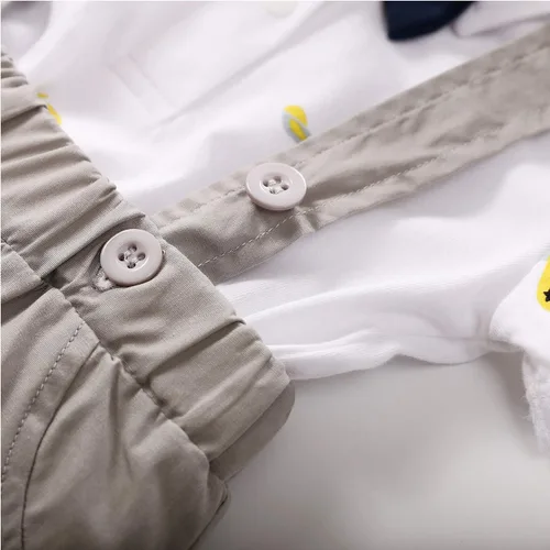Vista 4 de YFYBaby Conjunto de ropa de caballero para bebés recién nacidos y niños, camisa de manga corta + pantalones con peto + overol con lazo