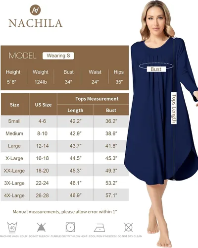 Vista 2 de NACHILA Camisón de bambú para mujer, manga larga, cuello redondo, plisado, tallas S-4XL