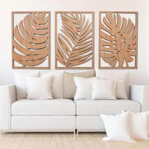 Vista 7 de Juego de 3 paneles de arte de pared de madera con hojas tropicales de Monstera, estilo bohemio, casa de campo moderna