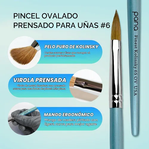Vista 3 de PANA Pure Kolinsky - Cepillo de uñas acrílicas para el cabello, forma ovalada prensada con mango de madera verde azulado (talla 6)