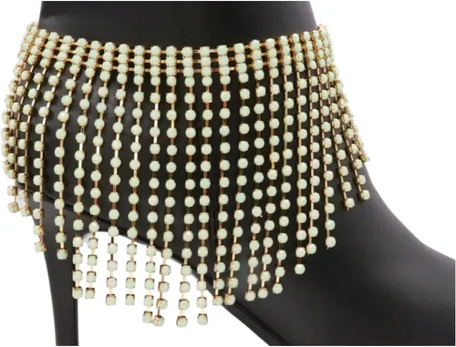 Vista 2 de Pulsera de botas de moda occidental para mujer, cadena de metal dorado brillante, cuentas de color verde azulado y menta
