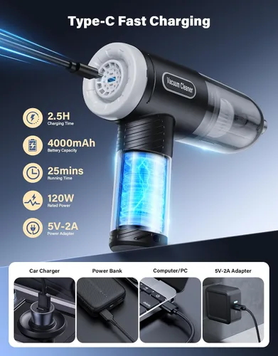 Vista 3 de Aspiradora portátil inalámbrica para automóvil, 9000 Pa, mini aspiradora de mano de alta potencia con la mejor succión, soplador de aire 4 en 1