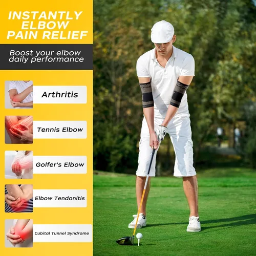 Vista 7 de INDEEMAX Manga de compresión de codo de cobre, 1 par, codera de tenis para hombres y mujeres, envolturas de soporte para codo para artritis