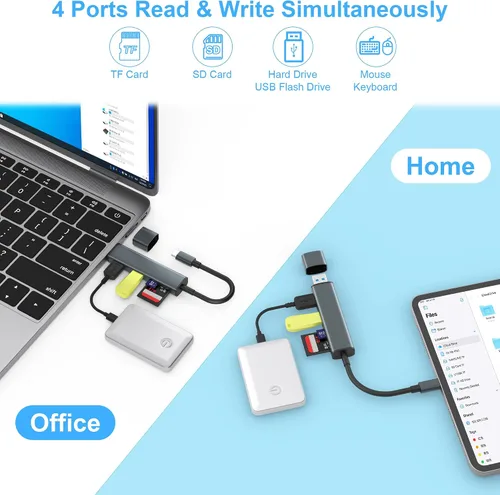 Vista 4 de Lector de Tarjetas SD TIANSONG USB 3.0 con Puertos USB Duales, Lector de Tarjetas SD USB C para iPhone 15/iPad/Mac 4 Puertos de Lectura y Escritura
