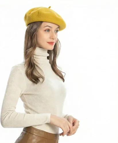 Vista 3 de ZLYC Boina Francesa de Lana Sombrero Color Sólido Gorra Boina para Mujeres y Niñas Amarillo básico