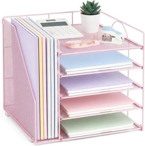 Vista 8 de LEKETREE Organizador de escritorio y accesorios, organizador de bandejas de papel de 5 niveles con cajón y 2 soportes para bolígrafos