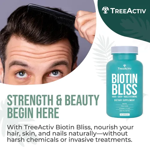 Vista 7 de Biotin Bliss Skin Hair Nails Vitaminas + Saw Palmetto Suplemento Volumizador y Espesante Fórmula para Hombres Mujeres Folato MSM B Complejo