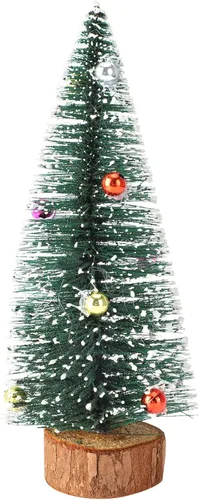 Vista 11 de 3 mini árboles de Navidad artificiales de sisal esmerilado de 5.9 pulgadas, árboles de cepillo para botellas con bases de madera y bolas de adornos