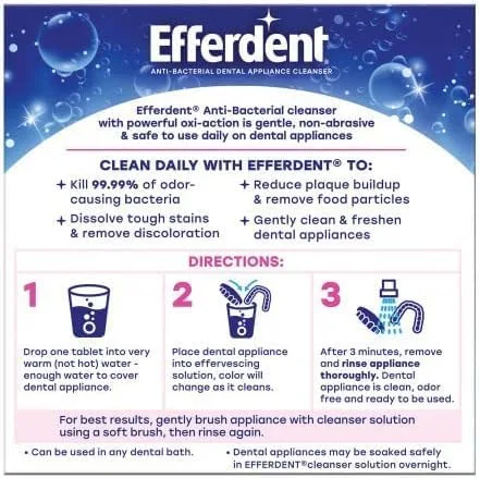 Vista 5 de Efferdent Tabletas limpiadoras de retenedores y dentaduras, limpiador de aparatos dentales antibacterianos, fórmula limpia completa, limpiador