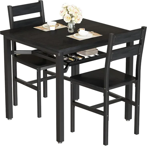 Vista 9 de Hooseng juego de mesa de comedor de 3 piezas para 2, pequeña mesa de cocina de madera con almacenamiento, juego de comedor cuadrado de estilo granja