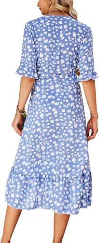 Vista 2 de DREAM SLIM - Vestido de verano bohemio con volantes y estampado floral para mujer, casual, manga corta, columpio, playa, fiesta, vestido midi