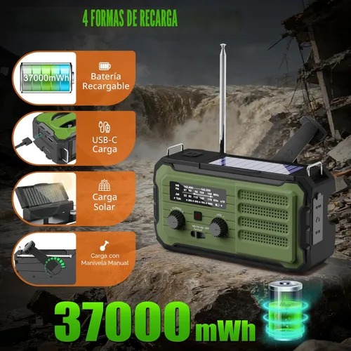 Vista 5 de Radio de emergencia con manivela solar, 10000 mAh/37000 mWh, radio meteorológica de emergencia, radios solares de manivela con NOAA/AM/FM, linterna