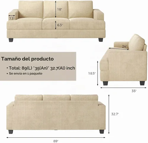 Vista 2 de COPIAE - Sofá de 89 pulgadas con asientos extra profundos, sofá de 3 plazas para la sala de estar, sofá moderno y cómodo con apoyabrazos, asientos