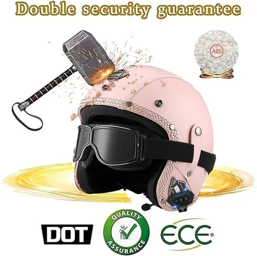 Vista 2 de Casco retro de motocicleta con Bluetooth, casco de cuero Jet con gafas personalizadas, medio casco de motocicleta 3/4 aprobado por DOT, casco