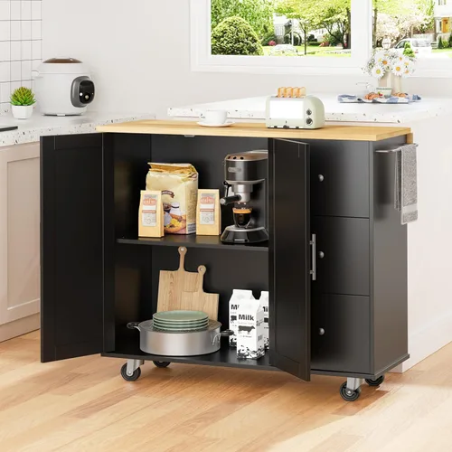 Vista 7 de Shintenchi Isla de cocina con hoja plegable, mesa de isla enrollable con almacenamiento, armario de cocina con ruedas con área de asiento