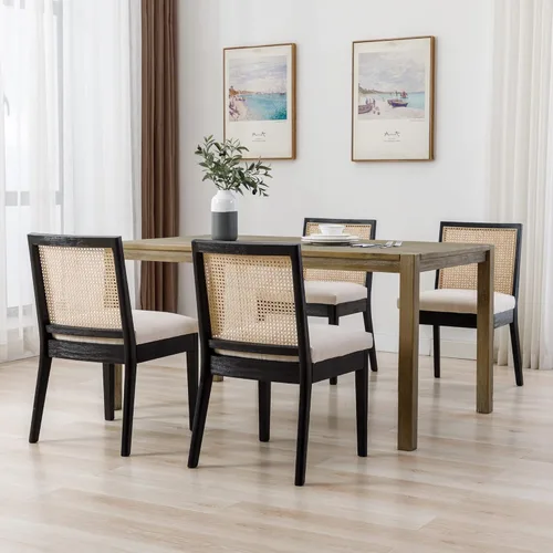 Vista 6 de BESTANO Juego de 2 sillas de comedor de ratán estilo granja, sillas de cocina de madera negra para comedor rectangular, sillas de cocina de mimbre