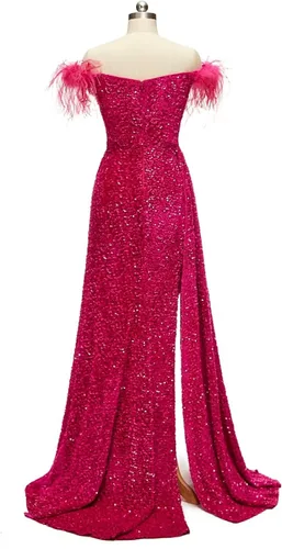 Vista 6 de Vestidos de fiesta de lentejuelas de plumas 2023 vestidos de noche de sirena con hombros descubiertos vestidos de boda formales con abertura
