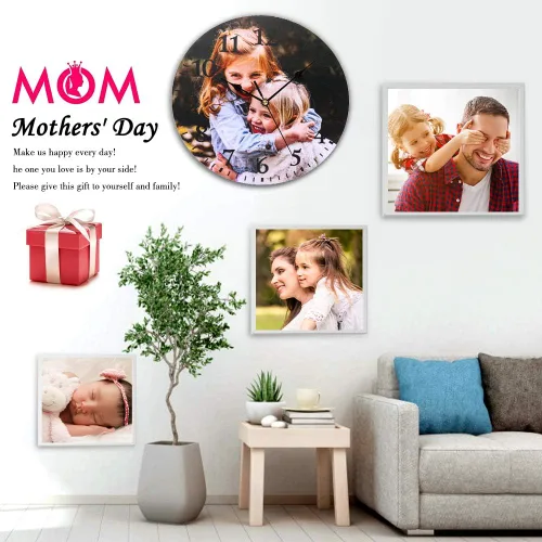 Vista 5 de Reloj personalizado con marcos familiares, decoración de pared, multifoto, grabado con nombre y fecha, relojes digitales inusuales de madera