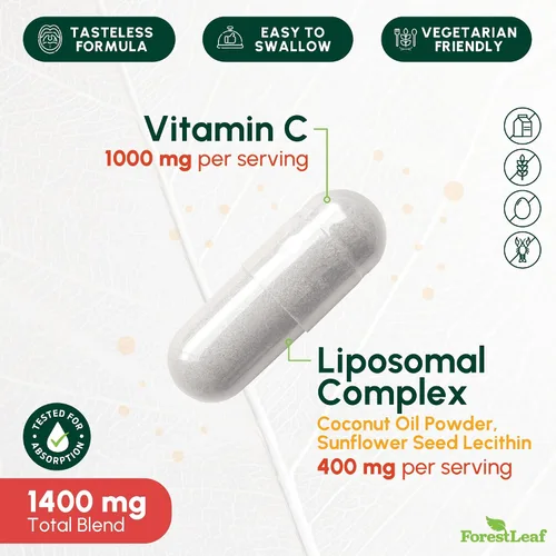 Vista 2 de ForestLeaf Vitamina C Liposomal 1000mg Cápsulas Suplemento Liposomal de Vitamina C de Alta Dosis con Ácidos Grasos de Aceite de Coco Absorción