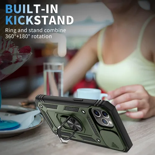 Vista 6 de PASNEW Funda militar para iPhone 13 Pro Max, cubierta de cámara deslizante y soporte de anillo de metal de 360°, carcasa rígida multicapa resistente
