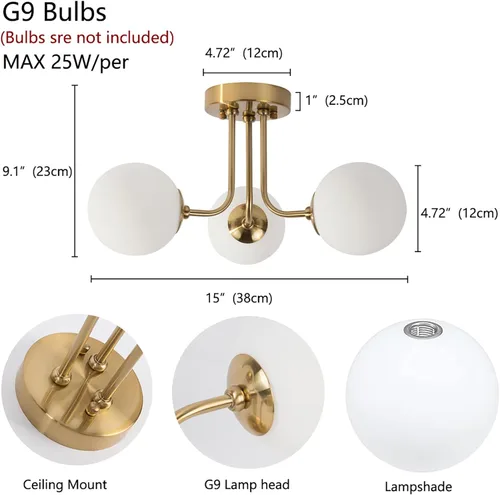 Vista 2 de Lámpara de techo moderna semiempotrada de 3 luces, pantalla de vidrio blanco globo, lámpara de techo semiempotrada, candelabros Sputnik