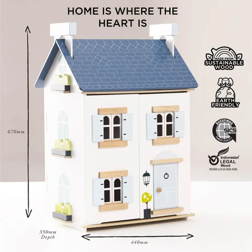 Vista 5 de Le Toy Van - Casa de muñecas de madera Sky - Casa de sueños para niños - 2 pisos con ático - Llena de accesorios para casa de muñecas - Adecuada
