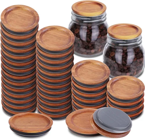 Vista 12 de 3 paquetes de tapas de boca regular y 3 paquetes de tapas de boca ancha para tarros de albañil de acacia, tapas de almacenamiento de tarros