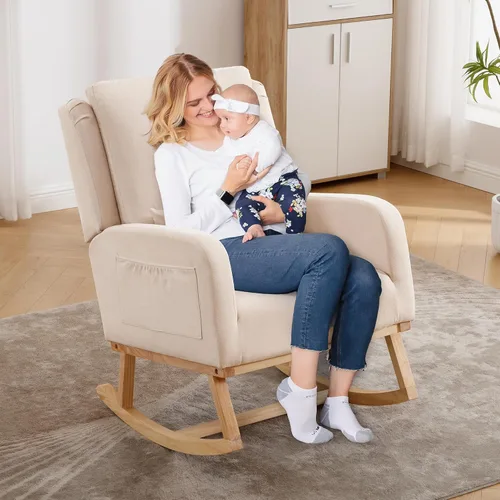 Vista 8 de HCHAIRH Mecedora para cuarto de bebé, sillas mecedoras para lactancia con cojín lumbar, cómodas mecedoras modernas con respaldo alto para cuarto