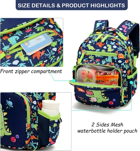 Vista 5 de MINGHUICHIC Mochila para niños pequeños, niñas, niños, jardín de infantes para guardería y preescolar, Dinosaurios, Mochila para niños pequeños