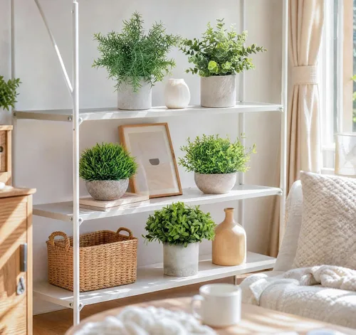 Vista 2 de Lemonfilter Pequeñas plantas falsas, paquete de 5 plantas artificiales de eucalipto en maceta para interiores, plantas falsas de plástico