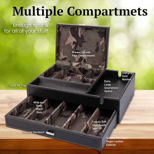 Vista 3 de HOUNDSBAY Admiral Dresser Valet Box y organizador de joyero para hombre, organizador de caja de reloj para hombres con estación de carga grande
