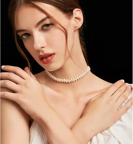 Vista 3 de Cowlyn Pearl Necklace Cultured Baroque Strands Short Dainty Choker Tiny Chain Delicate Handmade Vintage Christmas Valentine Gift Jewelry Women Girls