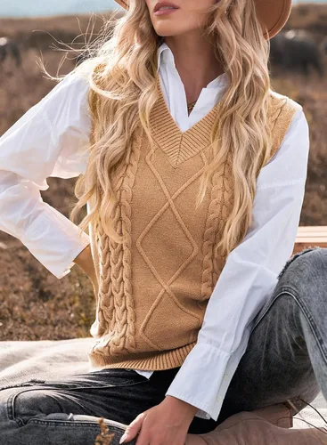 Vista 3 de EVALESS Chaleco Suéter de Gran Tamaño para Mujeres Cuello en V Sin Mangas Color Sólido Suéter Pullover Suelto 1 caqui.