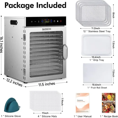 Vista 2 de Máquina deshidratadora de alimentos, 12 bandejas de acero inoxidable, deshidratador de carne de 1000 W para uso doméstico, temporizador de 24 horas