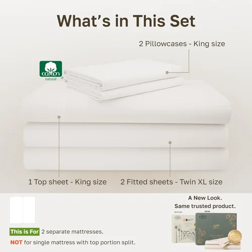 Vista 365 de California Design Den - Juego de sábanas de tamaño King dividido 100% algodón, 600 hilos, tejido satinado suave y transpirable, para cama ajustable