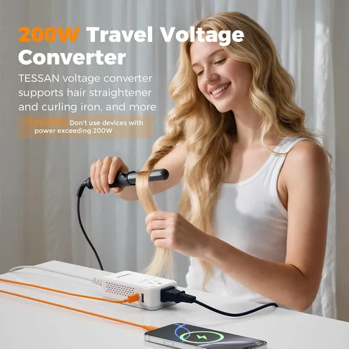 Vista 3 de TESSAN - Convertidor de voltaje compacto de 220 V a 110 V de EE. UU. a Europa, adaptador de viaje universal con 2 salidas de CA y 2 USB (1 USB-C)