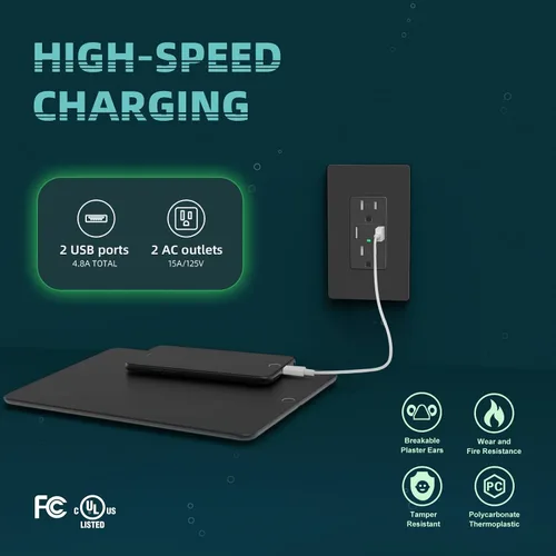 Vista 2 de TOPELER Toma de corriente de carga USB negra de 4.8 A, receptáculo dúplex resistente a manipulaciones de 15 amperios, enchufe eléctrico con puertos