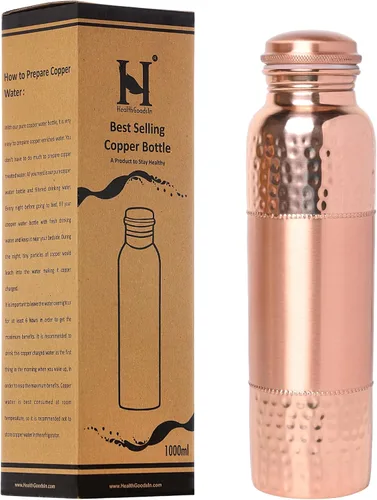 Vista 7 de Botella de agua de cobre puro sin forro, sin recubrimiento y sin laca, para beneficios de salud ayurvédica, 33.8 fl oz (33.81 onzas líquidas)