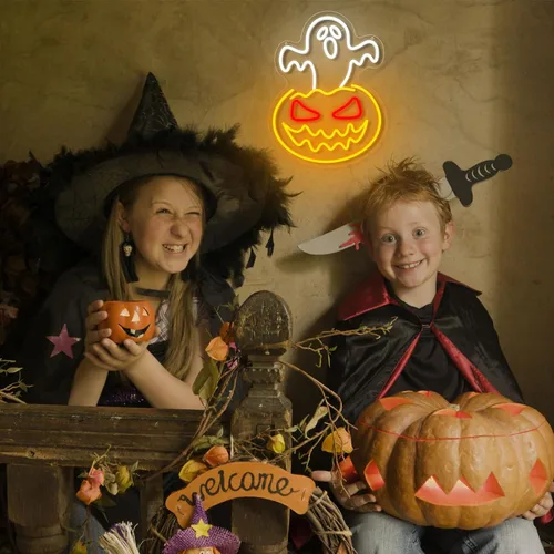 Vista 8 de Letrero de neón de calabaza fantasma de Halloween, cara de fantasma, luz de neón espeluznante de calabaza de neón, letreros LED regulables