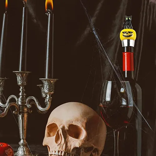 Vista 2 de Tapón para botella de vino de Halloween, calabaza, gato negro, corchos, accesorios de vino para fiesta de Halloween, hogar, bar, decoración de vino