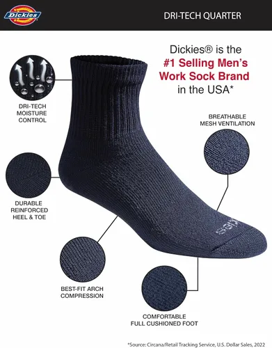 Vista 56 de Dickies Calcetines Dri-Tech para hombre con control de humedad, disponibles en tallas M-XXL (6, 12, 18 pares)