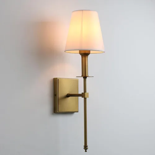 Vista 9 de PERMO Aplique de pared industrial rústico clásico individual con pantalla textil blanca acampanada y soporte de columna cónico de latón antiguo